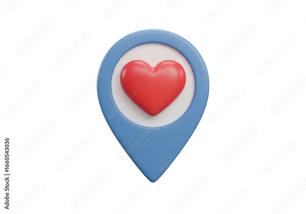 Poster isolated blue map pointer with red heart symbol for favorite location