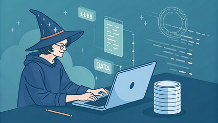 A programmer wizard is working on a laptop, surrounded by data and code, symbolizing the magic of software development and the power of technology in creating innovative solutions for the future