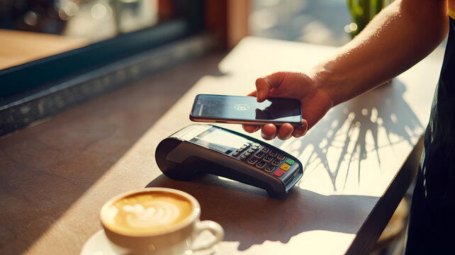 Person using smartphone to pay at pos terminal with coffee cup on the counter in a cafe setting - Powered by Adobe