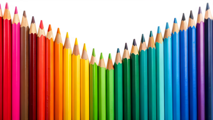 A vibrant array of colored pencils arranged in a rainbow spectrum, isolated on transparent background, perfect for art and education projects