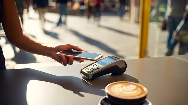 Person making contactless payment with smartphone at cafe near coffee and pos terminal on table