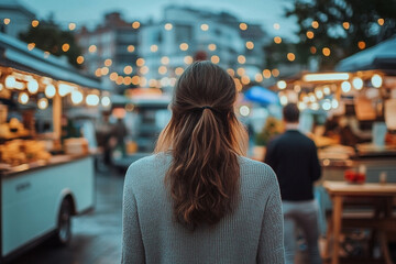 Woman's Back with Ponytail in Cozy Sweater Amidst Vibrant Evening Market Lights