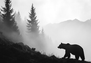 Monochromatic Majesty: Solitary bear strolls through the ethereal forest landscape
