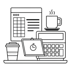 "Outline Icon of Office Desk Essentials &ndash; Calculator, Clipboard, Coffee Cups, and Data Sheets for Productivity and Finance"