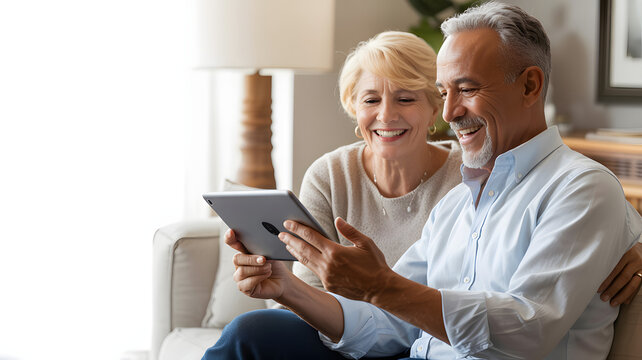 A smiling senior couple looking at a tablet together in a bright and cozy living room setting indoors