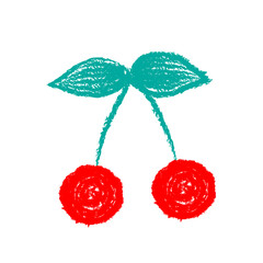 Vector cherry illustration. Hand drawn cartoon in textured style, featuring two sweet red berries with stems on a white background. Cute and simple design, perfect for stickers, scrapbooking, textiles