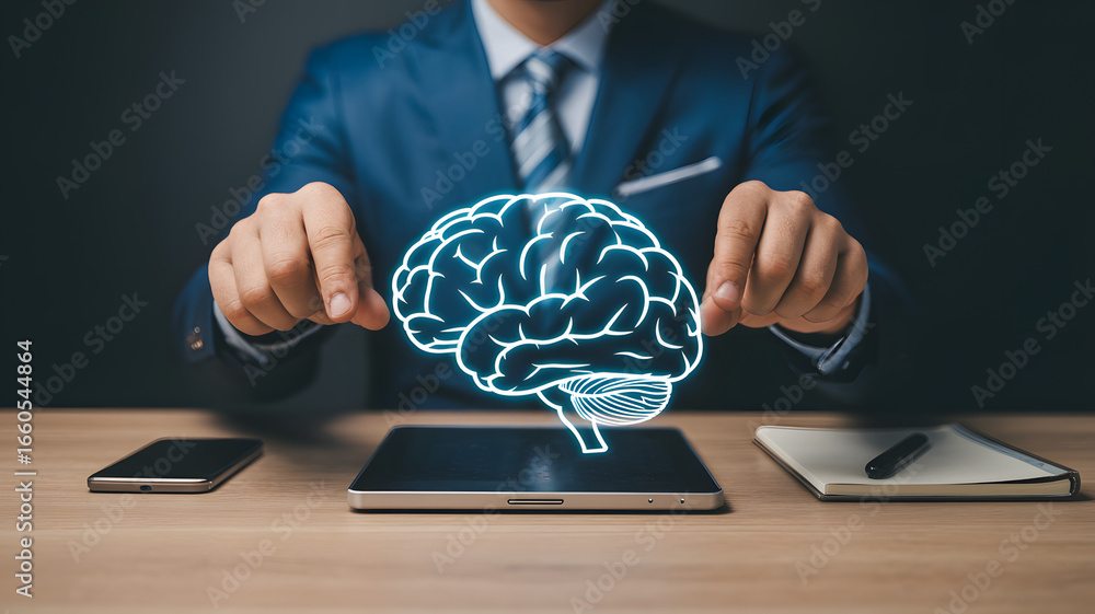 Poster a man in a suit holding a glowing brain above a tablet with a phone and notebook on the table