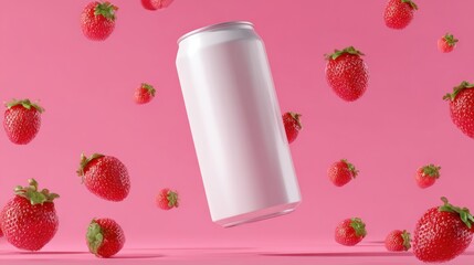 Elegant photo of floating white soda can mockup with fresh strawberries on pink color background for beverage commercial.
