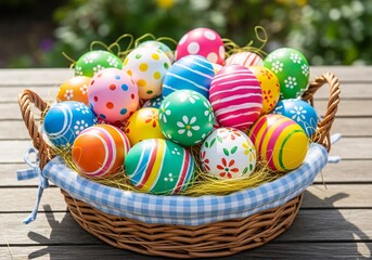 A wicker basket filled with brightly colored and decorated Easter eggs rests on a wooden surface, with a blurred background of greenery and flowers.