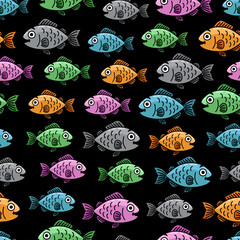 Seamless Vector Cartoon Cute Happy School Of Colourful Fish In Black Background
