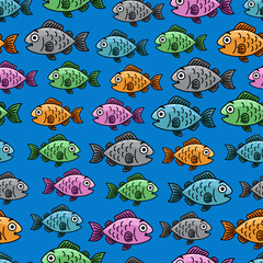 Seamless Vector Cartoon Cute Happy School Of Colourful Fish In Blue Background