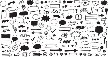 Collection of hand-drawn doodle elements and speech bubbles hand drawn drawing
