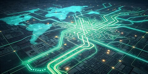 Glowing green circuit board with world map overlay