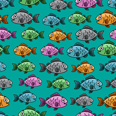 Seamless Vector Cartoon Cute Happy School Of Colourful Fish In Turquoise Background