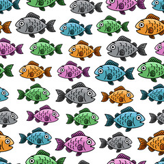 Seamless Vector Cartoon Cute Happy School Of Colourful Fish In White Background