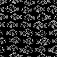Seamless Vector Cartoon Cute Happy School Of Fish Pattern Design Line Art In Black Background