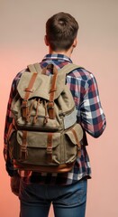 Young caucasian male with backpack in plaid shirt facing away