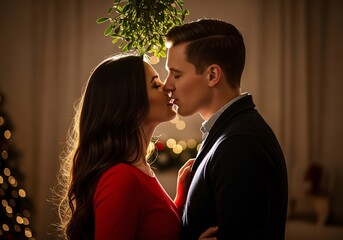 A romantic couple shares a tender kiss under mistletoe during a festive holiday celebration.