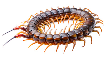 Closeup of a brown centipede isolated on transparent background, showcasing its segmented body, numerous legs, and menacing antennae in a studio shot
