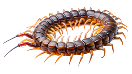 Closeup of a brown centipede isolated on transparent background, showcasing its segmented body, numerous legs, and menacing antennae in a studio shot