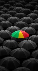 Colorful Umbrella Standing Out in a Crowd of Gray Umbrellas, Symbol of Individuality and Diversity