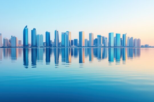 Skyline reflecting in calm water during sunrise - Powered by Adobe