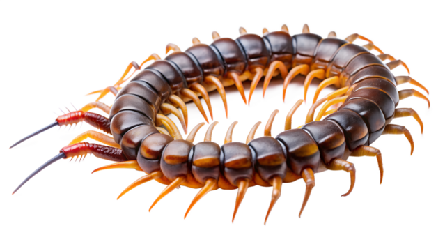 Closeup of a brown centipede isolated on transparent background, showcasing its segmented body, numerous legs, and menacing antennae in a studio shot