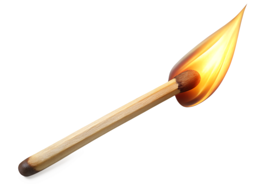Closeup studio shot of a burning match isolated on transparent background, showcasing the flame, wood, and ignition process in a vertical view