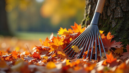 Rake resting against tree trunk surrounded by colorful autumn leaves  