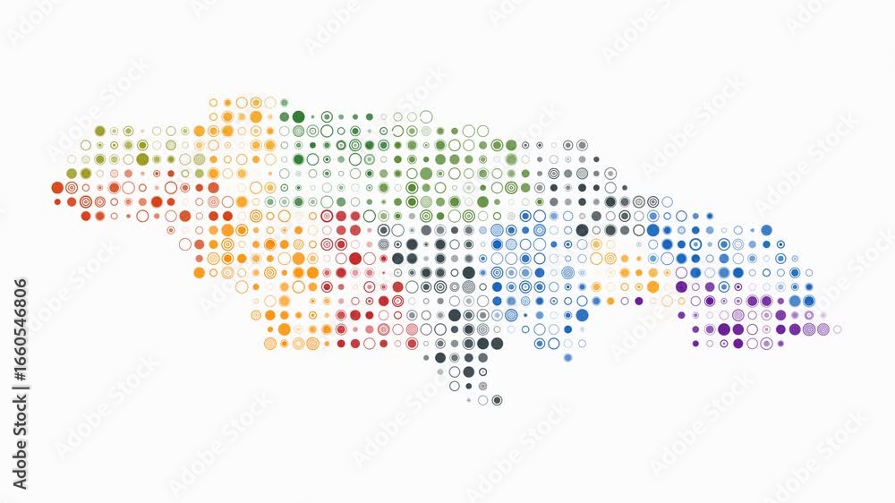 Poster jamaica map animation. shape of the country with pulsating colored dots. small size circle blocks. d