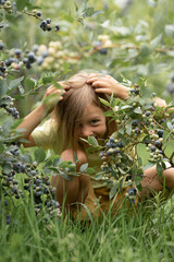 a little girl is hiding in a bush with blueberries, and she has a blueberry on her head