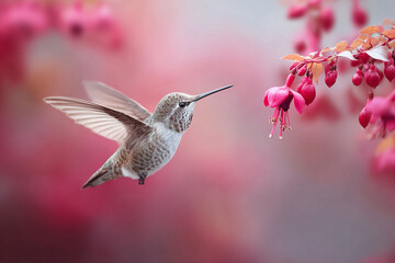 Fototapeta premium Hummingbird in flight approaching pink fuchsia flowers. Elegant, nature shot symbolizes grace, beauty, and delicateness. Ideal for serenity or growth themes.