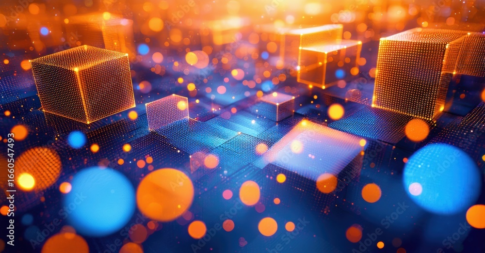 Poster abstract digital landscape. glowing cubes, spheres float above patterned surface. warm orange, cool 