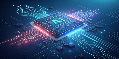 Futuristic ai chip illuminating digital circuits with vibrant blue and red light