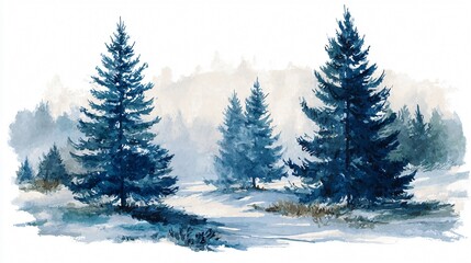 Fototapeta premium Detailed Watercolor Illustration of Coniferous Spruce Trees in Nature