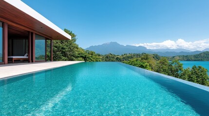 Fototapeta premium Infinity pool overlooking a tropical bay and mountain range