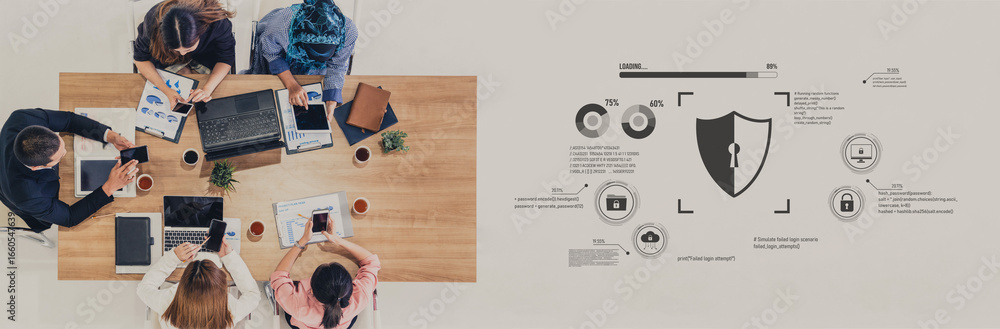 Poster cyber security protects against breaches, hacks, and network attacks using strong infrastructure and