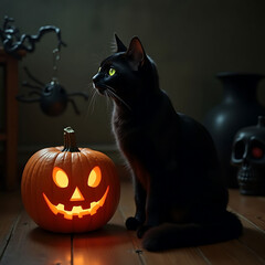 Spooky Halloween Scene: Black Cat Beside a Jack-o'-lantern
