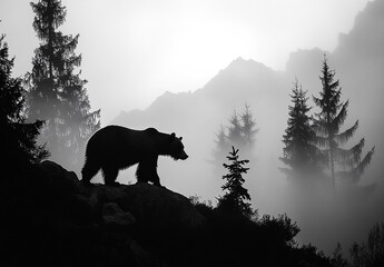 Silhouette of a Grizzly Bear Walking Across Misty Mountain Landscape in Black and White.