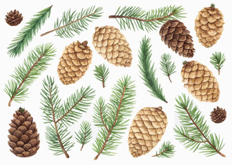 Fototapeta premium Watercolor illustration of pine cones and fir tree branches scattered on a white background design element