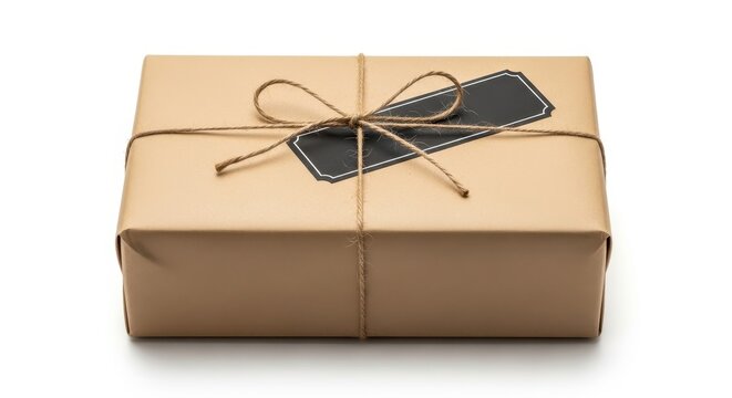 Wrapped Package with Tag: A beautifully packaged present wrapped in rustic brown paper and tied with twine, featuring a classic, elegant tag, signifying the art of gift-giving, perfect for occasions.