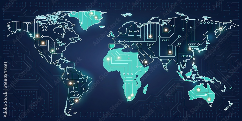 Poster digital world map with glowing circuits and data connections