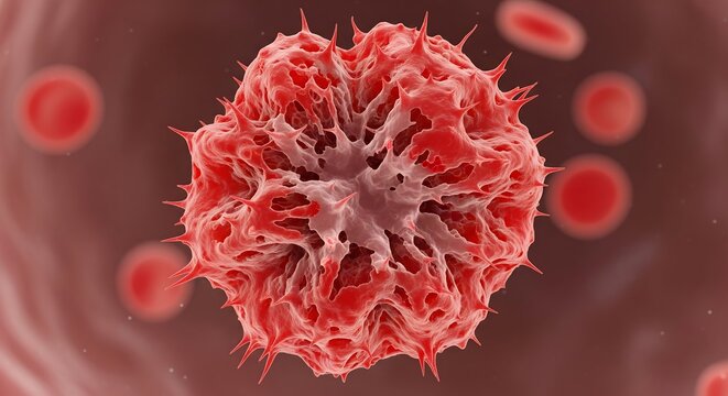 Detailed 3D illustration of an echinocyte, or burr cell, a type of abnormal spiky red blood cell flowing inside a blood vessel