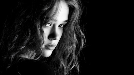 Black and white portrait of a girl on a dark background.
