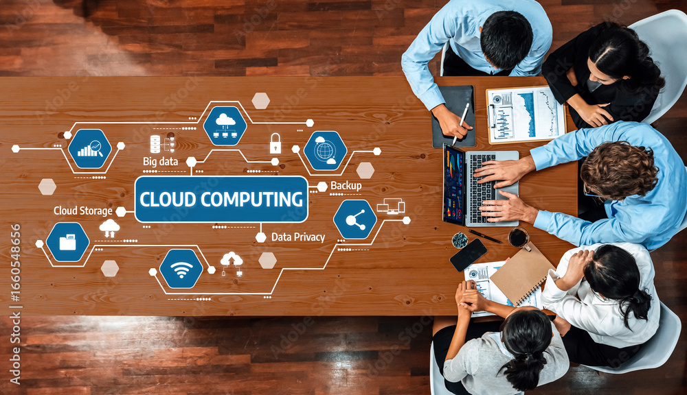Poster a group of professionals collaborates around a table exploring key concepts in cloud computing, emph