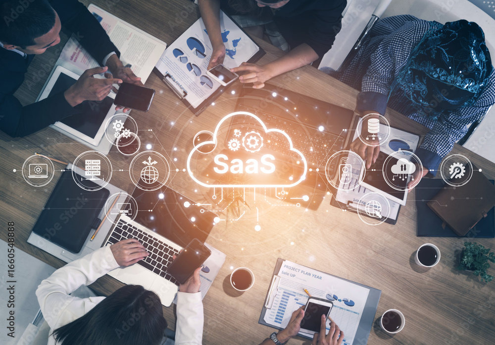 Aufkleber visual representation of saas showing infrastructure, saas deployment, saas platform features, and s