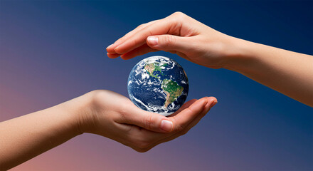 Two hands tenderly cradle a miniature Earth, representing care and protection of the planet