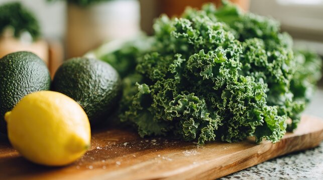 Close Up Of Fresh Greens, Avocados, And Lemon On A Wooden Cutting Board, Healthy Food Photography, Vibrant Colors, Natural Light, Kitchen Setting