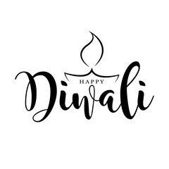 Obraz premium Happy diwali lettering design with diya deepak vector illustration.