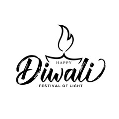 Obraz premium Happy diwali lettering design with diya deepak vector illustration.